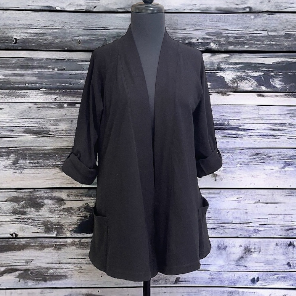 Fresh Produce Black Open Front Cardigan Sz S Rollup Long Sleeves Cotton Knit